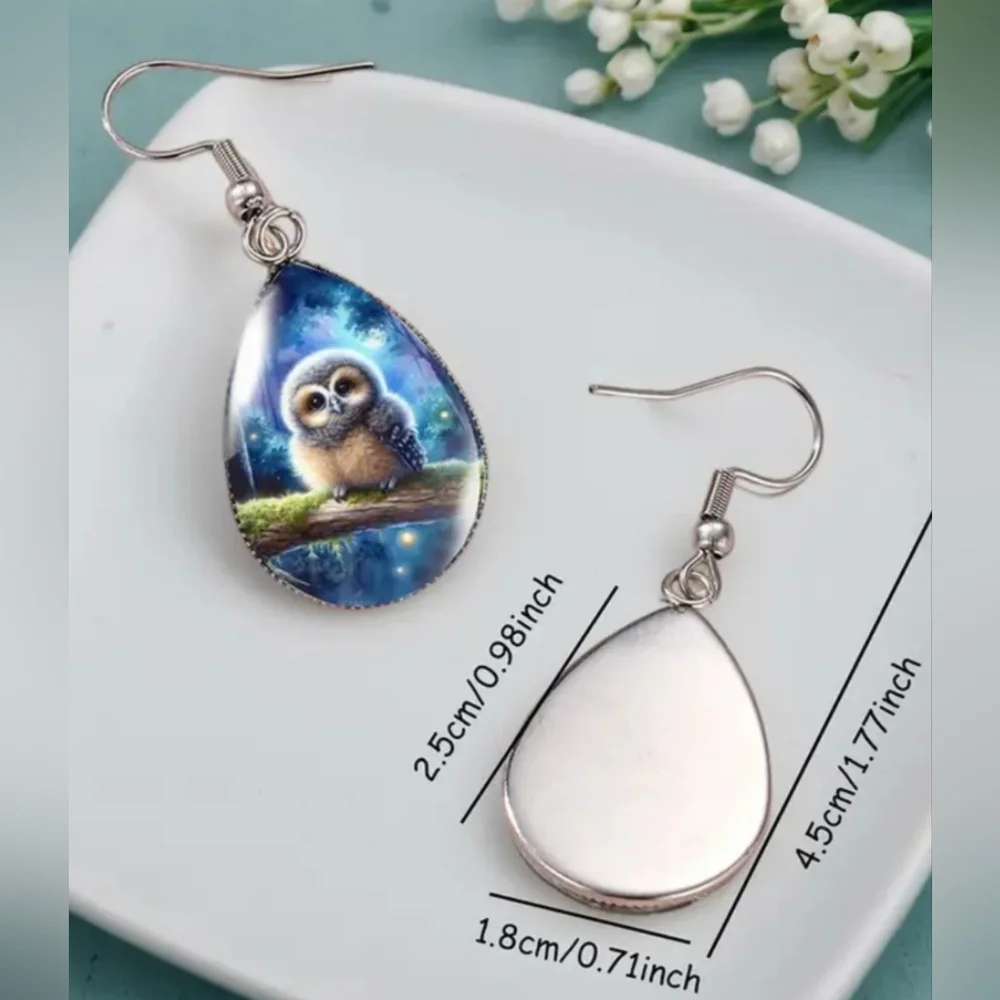 New Gift Western Animal Print Blue Owl Teardrop‎ Crystal Glass Dangle Earrings